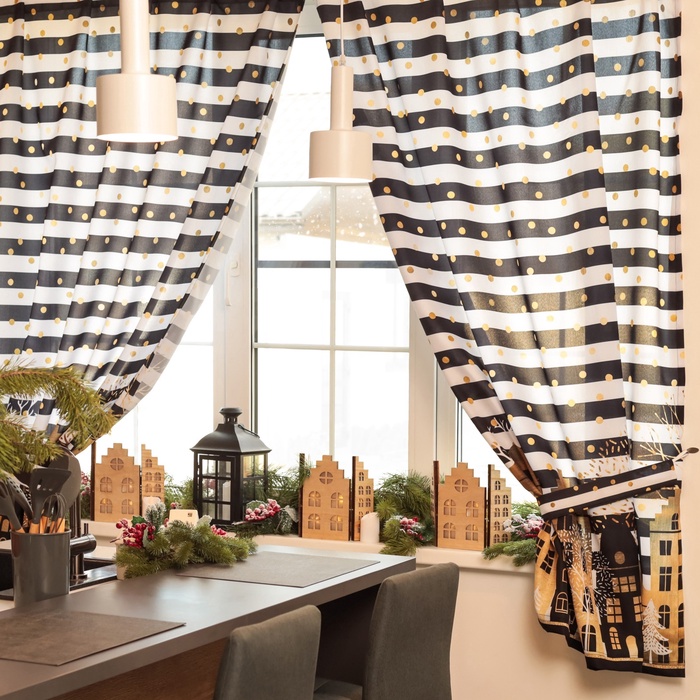 Комплект штор для кухни с подхватами «Этель. Золотой город», 2 шт., белые, чёрные, 145×180 см