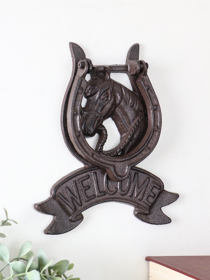 Дверной молоток для входной двери «Конь в подкове - Welcome», чугун, 18×2×21 см