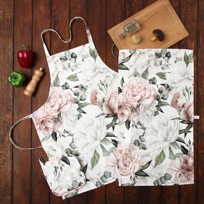 Кухонный набор «Этель. Пионы»: полотенце 40×73 см, прихватка 19×19 см, фартук 60×65±5 см