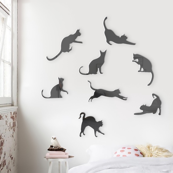 Зеркало настенное «Котики», акриловое, 8 шт., на клеевой основе, разный размер, чёрное