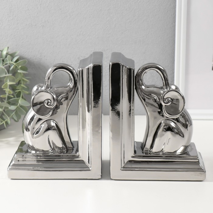 Держатели-подставки для книг на полку «Слоны» керамика, набор 2 шт., серебро, 14.5×9×18 см