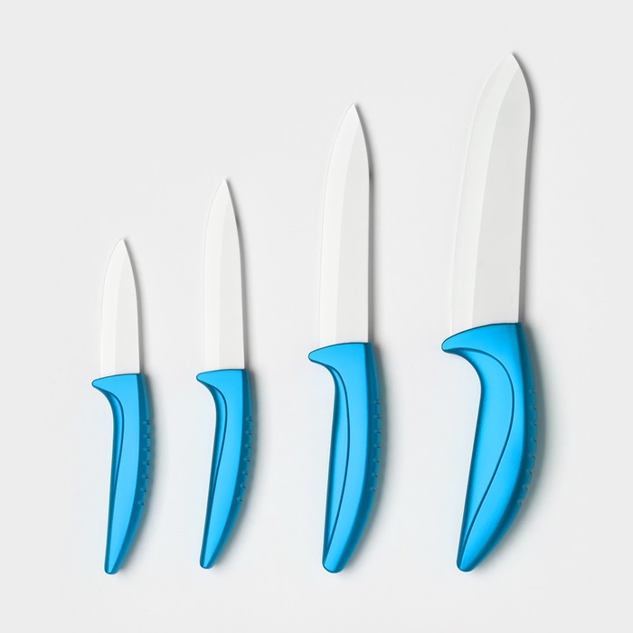 Набор кухонный на подставке «Изгиб», 5 предметов: 4 ножа, 7.5 см, 10 см, 13 см, 15 см, овощечистка, синий