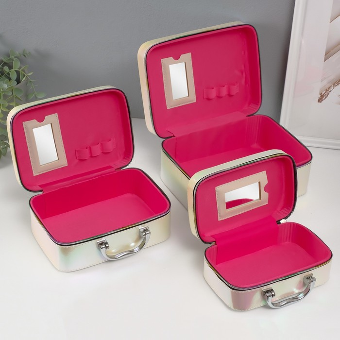 Набор шкатулок для украшений с зеркалом «Плетение», 3 шт., искусственная кожа, бежевая