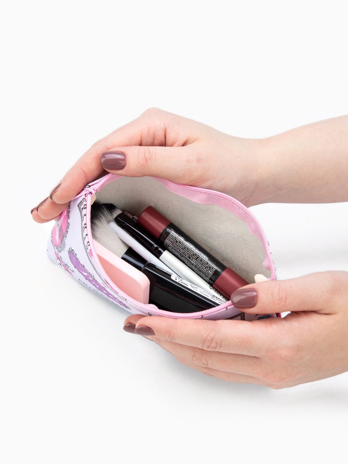 Косметичка - пенал на молнии «Париж», плоская, маленькая, с принтом, розовая