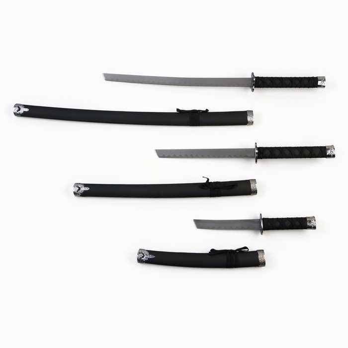 Макет оружия «Сувенирные катаны на подставке 3в1. Классик», подарочный набор, ножны кожзам, чёрный, 47 см; 70 см; 89 см