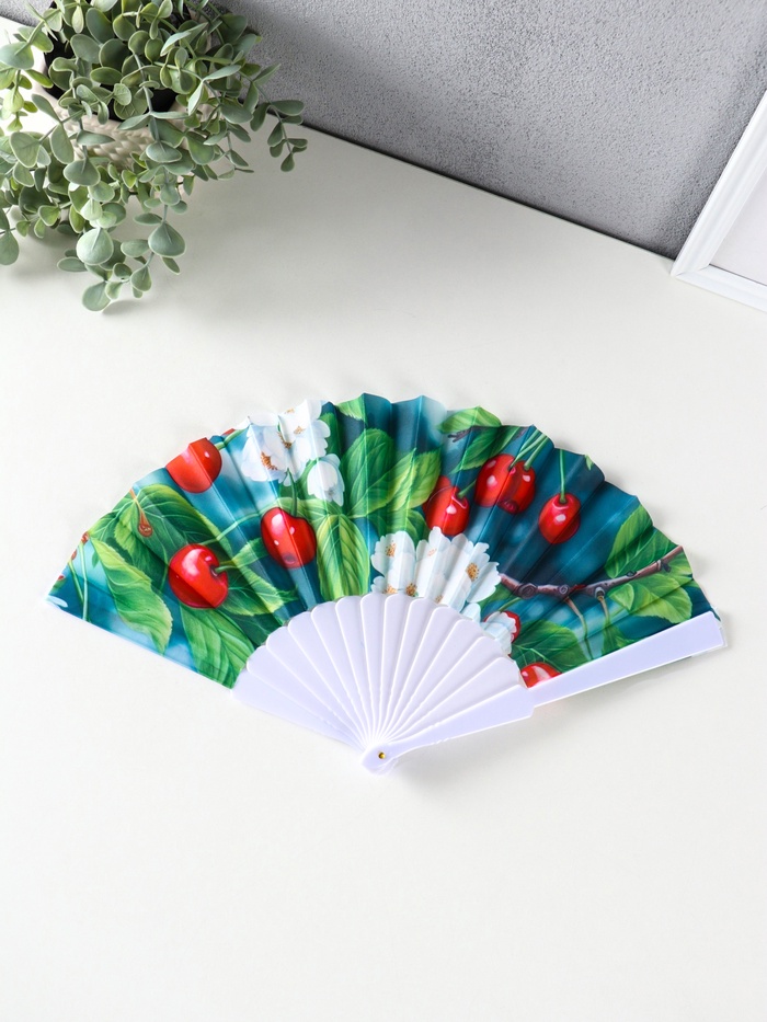 Веер складной «Вишня и цветки», 23 см, МИКС