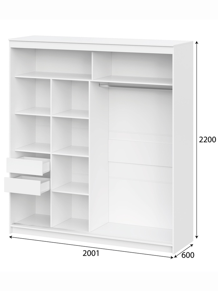 Шкаф – купе «Лорд», с зеркалом, 2 ящика, 2001×600×2200 мм, цвет белый