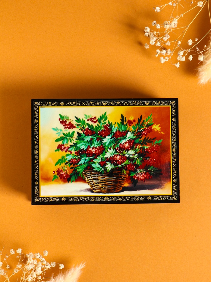 Шкатулка для украшений «Рябина в корзине», 10×14 см, лаковая миниатюра