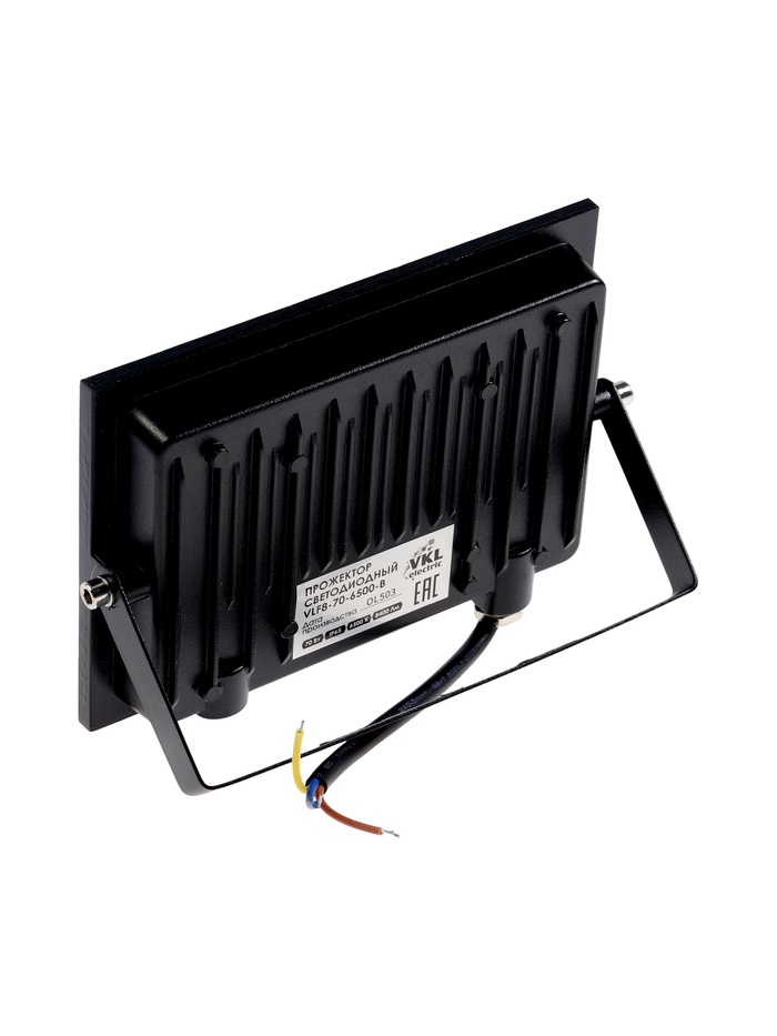 Прожектор светодиодный VKL Electric, 70 Вт, 8400 лм, 6500К, IP65, 220 В, чёрный, свечение холодное белое