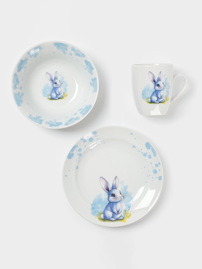 Набор детской посуды Дулевский фарфор «Зайка», 3 предмета: тарелка 175 мл, миска 360 мл, кружка 210 мл, белый