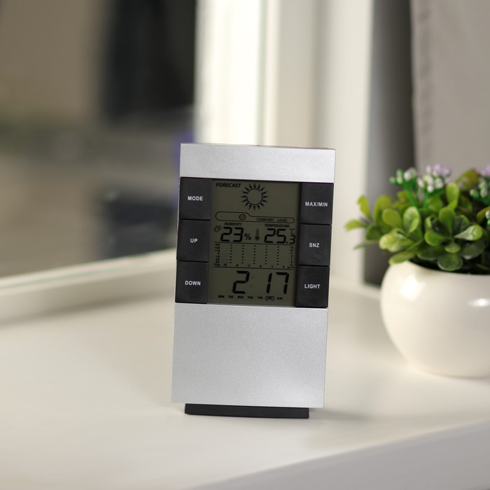 Метеостанция Luazon LB-01, с часами, термометром, дисплеем, подсветкой, серая