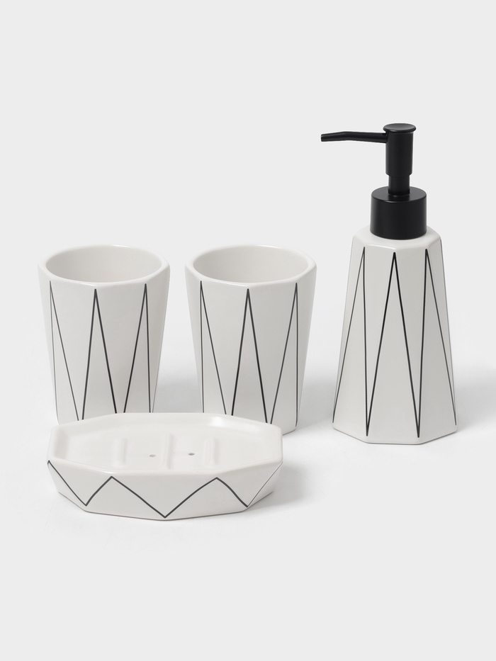 Аксессуары для ванной «Локо», 4 предмета, дозатор для мыла 280 мл, мыльница, 2 стакана 250 мл, белые