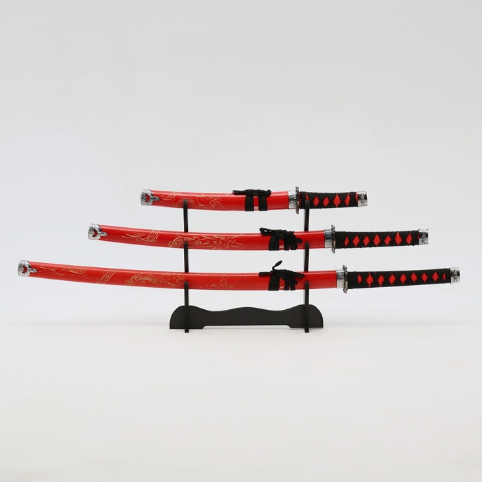 Макет оружия «Сувенирные катаны на подставке 3в1. Красный дракон», подарочный набор, ножны дерево, 54 см; 81 см; 100 см