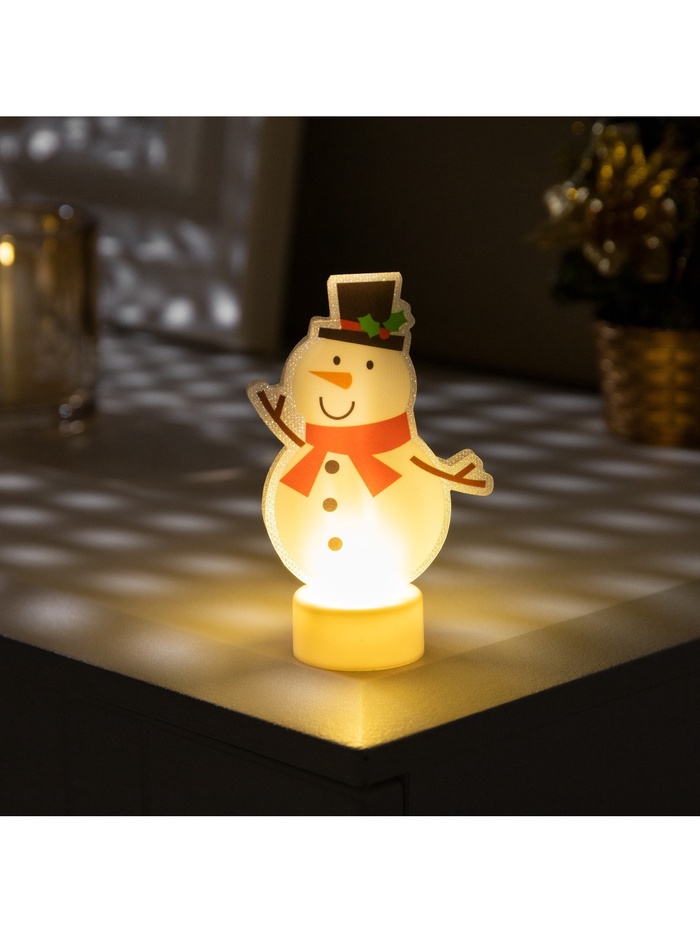 Световая картинка на подставке «Снеговик», 11 см, 1 LED, от батареек, свечение тёплое белое