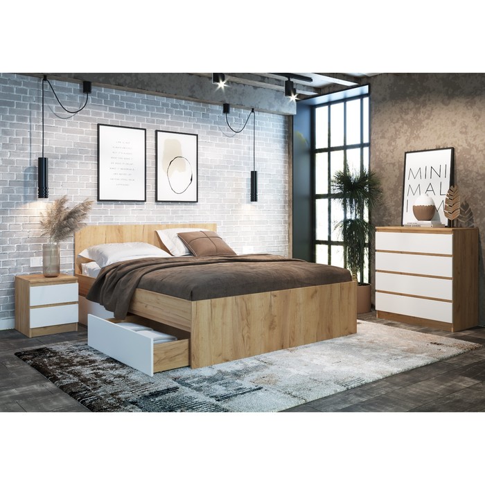 Кровать двуспальная «Клик Мебель. Мадера», с основанием, 2 ящика, спальное место 1600×2000 мм, цвет дуб крафт золотой/белый