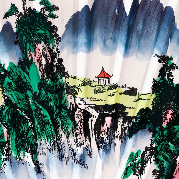 Веер большой складной «Река и горы», настенный декор, белый, бамбук, текстиль, h=90 см