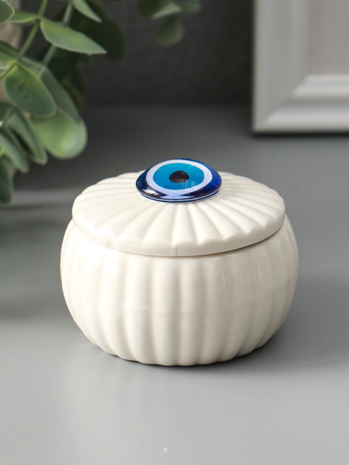 Шкатулка для украшений «Глаз от сглаза», с крышкой, белая, керамика, 7×7×5.3 см