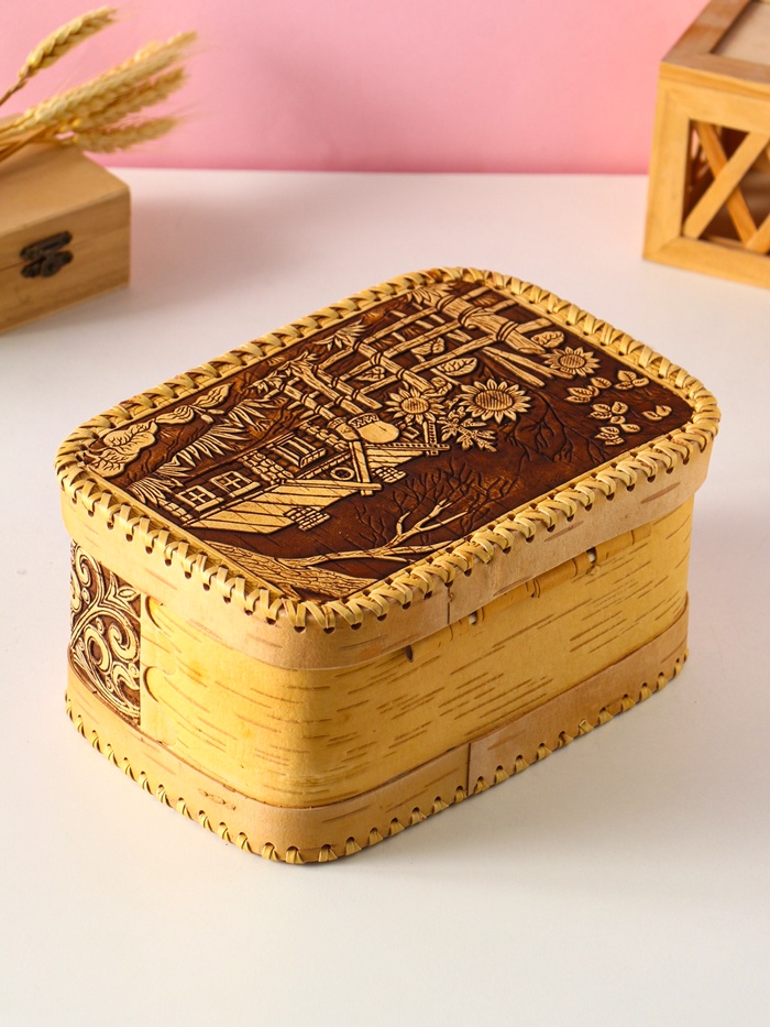 Хлебница - батонница с крышкой «Деревенька», 23×16×11 см, береста