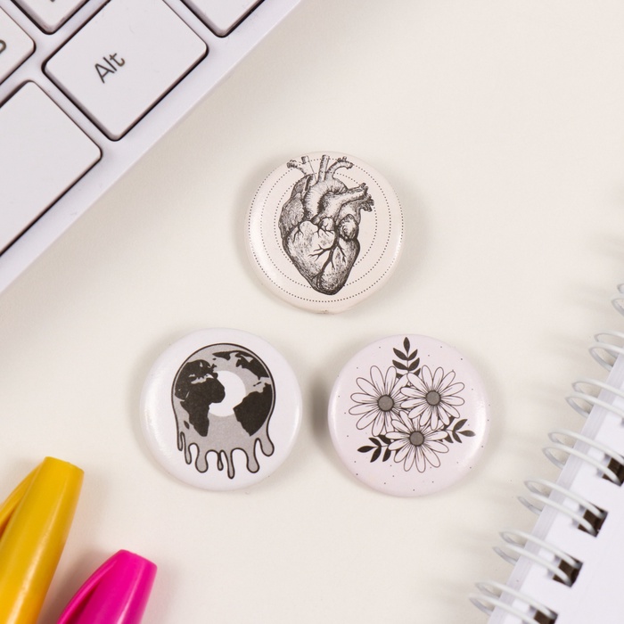 Набор значков на одежду, рюкзак, сумку «Чёрное и белое», 3 шт., d=25 мм, закатные, 7×7 см