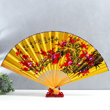 Веер большой складной «Сакура», настенный декор, жёлтый, бамбук, текстиль, h=50 см