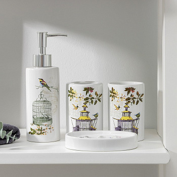 Аксессуары для ванной «Клетка», 4 предмета, дозатор 300 мл, мыльница, 2 стакана, белые