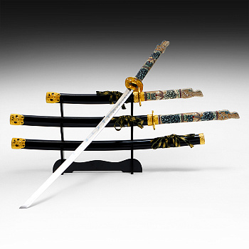 Макет оружия «Сувенирные катаны на подставке 3в1. Голова дракона», подарочный набор, ножны дерево, чёрный, 60 см; 90 см; 108