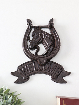 Дверной молоток для входной двери «Конь в подкове - Welcome», чугун, 18×2×21 см