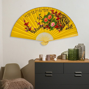 Веер большой складной h=90 см «Сакура и пионы», настенный декор, жёлтый