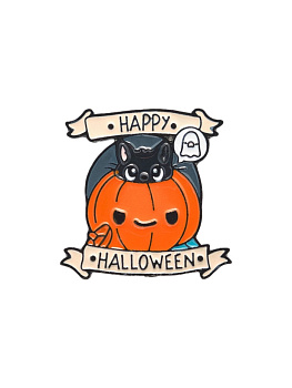 Значок «Котёнок» в тыкве, цветной в чёрном металле