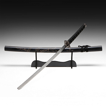 Макет оружия «Сувенирная катана на подставке», чёрные ножны с резным драконом, 100 см, рукоять МИКС