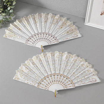 Веер складной «Золотые узоры», пластик, текстиль, блёстки, 22.5 см, МИКС