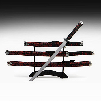 Макет оружия «Сувенирные катаны на подставке 3в1. Драконы красные на чёрном», ножны ткань, 47 см; 70 см; 89 см