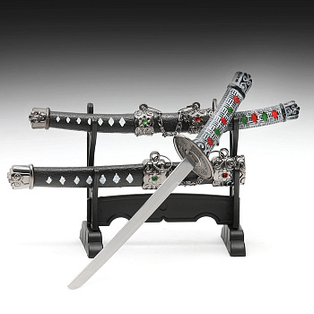 Макет оружия «Сувенирные катаны на подставке 2в1. Кристалл», подарочный набор, ножны чёрный с белыми ромбами, 16 см; 20 см, МИКС