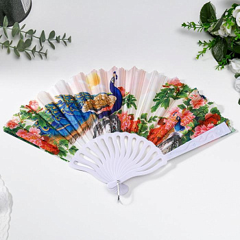 Веер складной «Павлин и цветы», изгиб, 23 см, МИКС