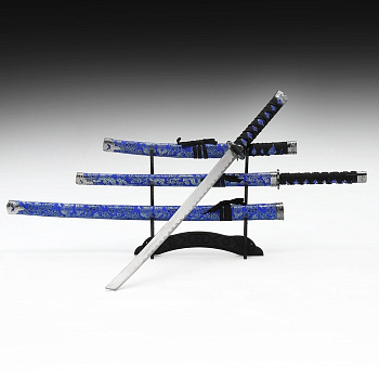 Макет оружия «Сувенирные катаны на подставке 3в1. Драконы на синем», подарочный набор, ножны ткань, 47 см; 70 см; 89 см